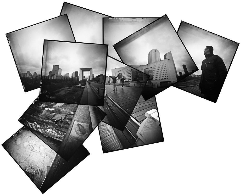 A collage of black and white square format photographs shows a man, a cityscape with modern buildings, and abstract urban details.