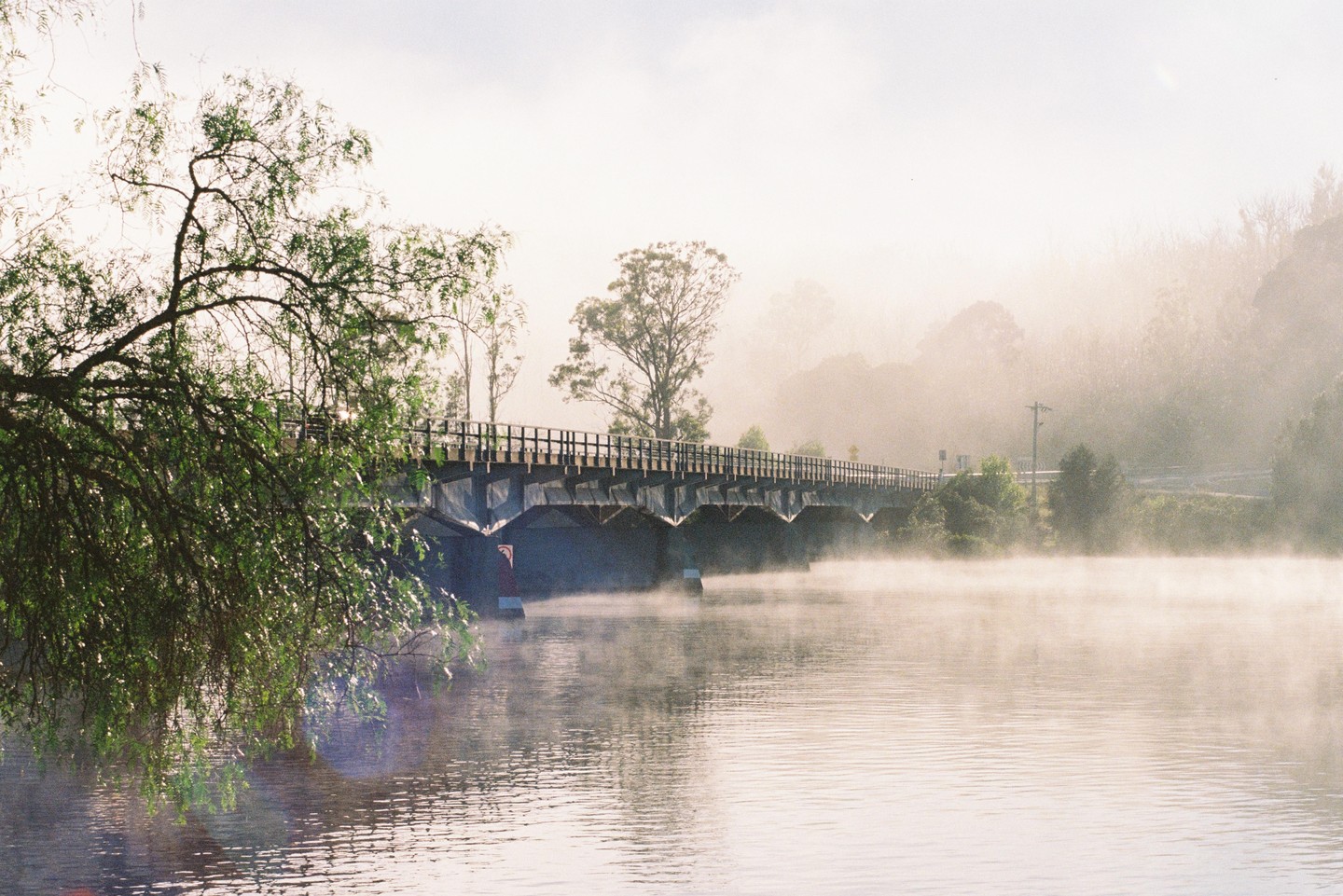 A bridge crosses a misty river with trees on both banks.