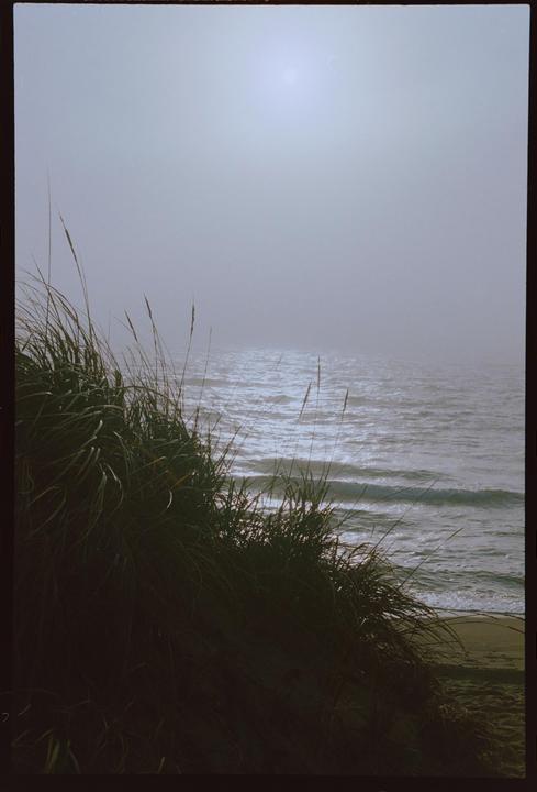 A hazy ocean with waves is visible behind a dune covered in tall grass.