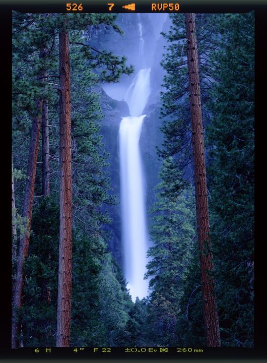 A tall waterfall cascades between two rocky cliffs, framed by pine trees in the foreground.