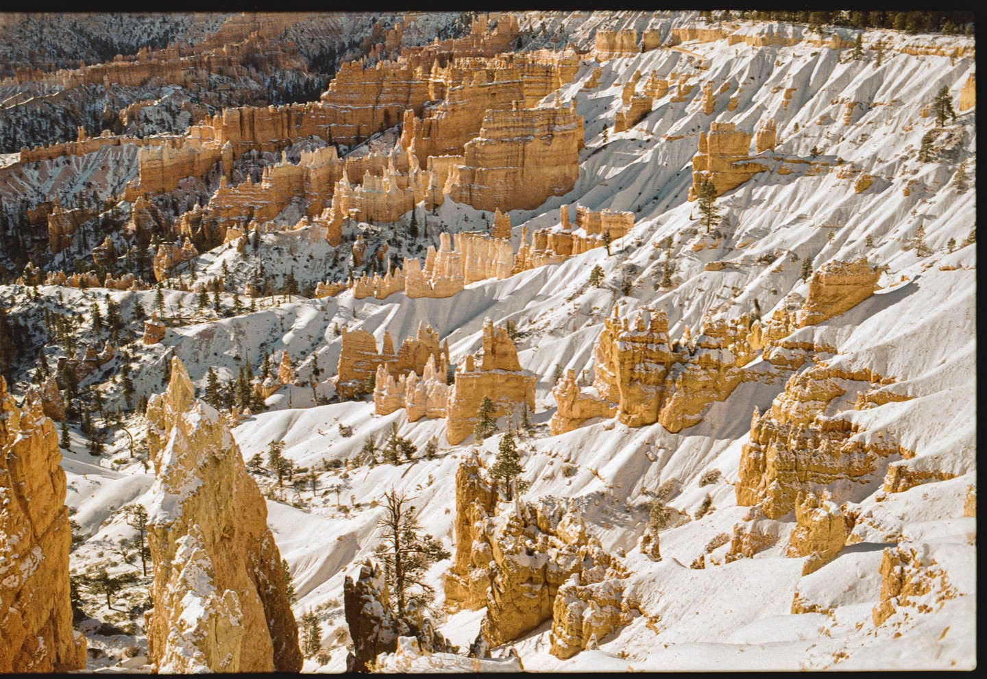 A vast landscape of snow-dusted hoodoos and rock formations fills the frame under a bright sky.