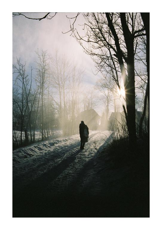 A person walks on a snowy path towards a bright light in the distance, with bare trees and houses visible through a hazy atmosphere.