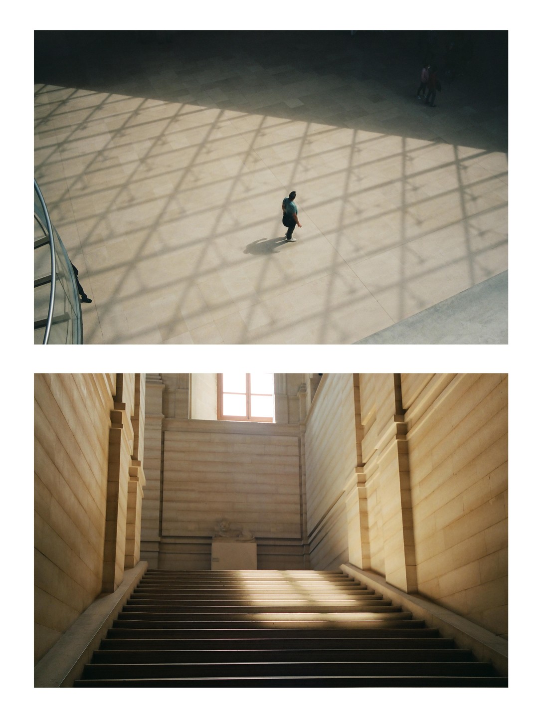 A man walks across a patterned floor in one image, and a grand staircase is illuminated by sunlight in the other.