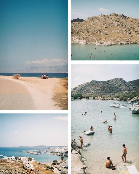 A collage of five images shows people on beaches and in the water, and a town next to a harbor.