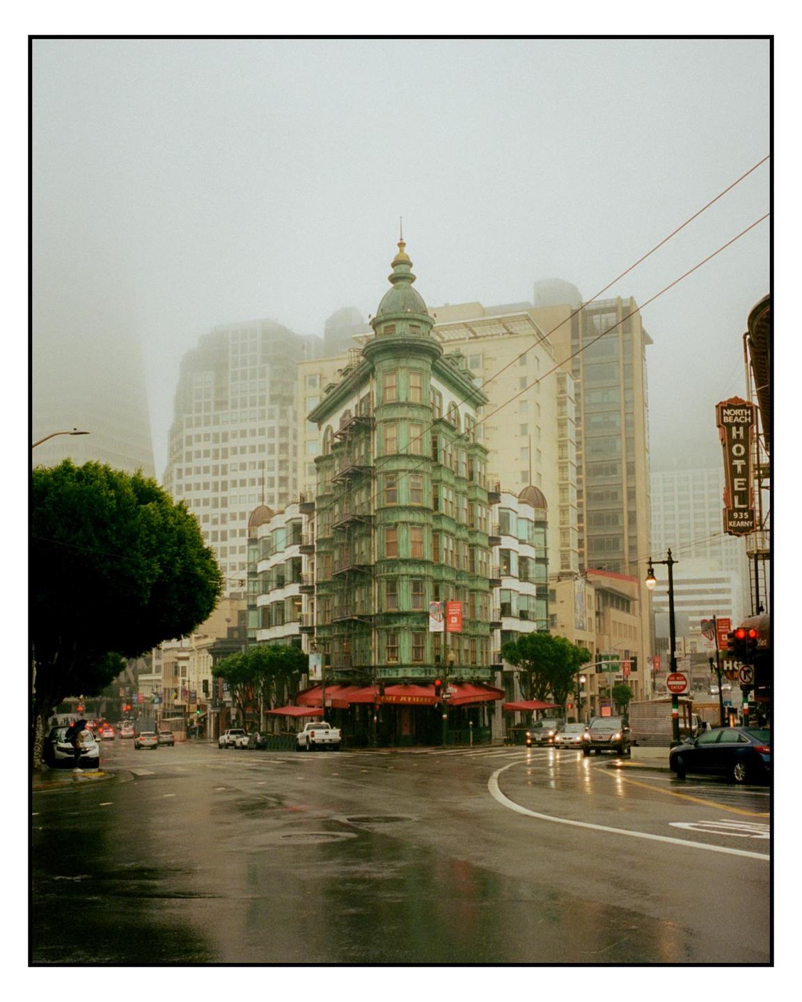 A green building with a domed top stands at a street corner with wet pavement and cars in foggy weather.