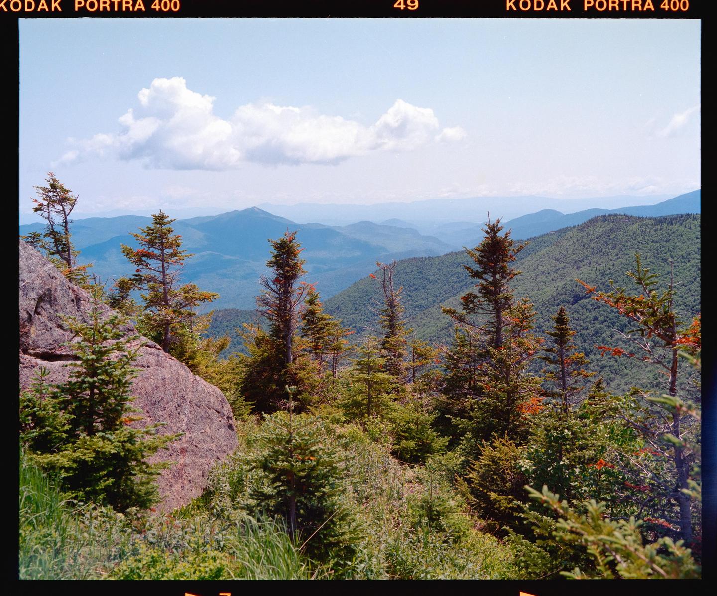 A mountain landscape shows a rocky outcrop and evergreen trees in the foreground, with hazy blue mountains and a cloudy sky in the background.