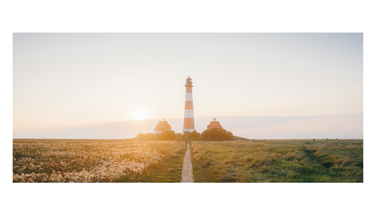 A red and white striped lighthouse stands in a field of tall grass and flowers under a bright sunset.