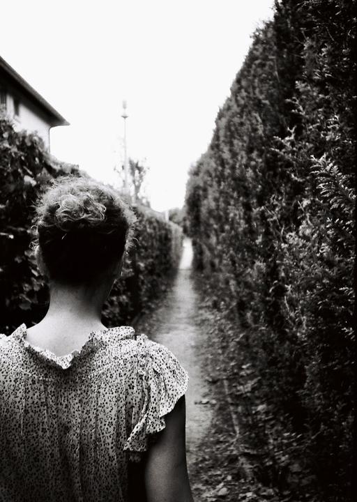 A woman with curly hair walks away from the viewer down a narrow path lined with tall hedges.