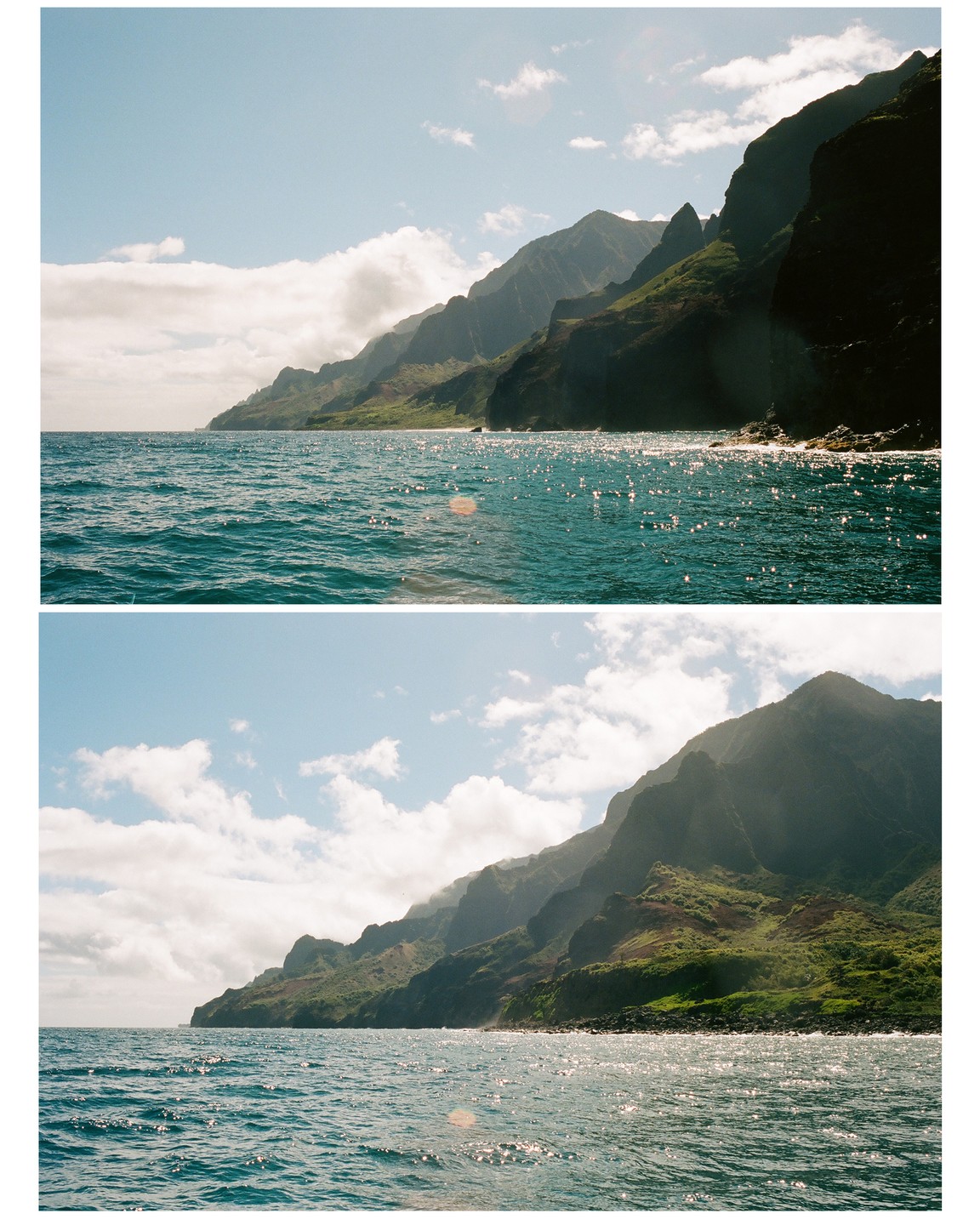 The Nā Pali Coast is visible from the ocean under a partly cloudy sky.