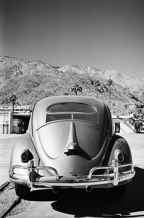 The rear of a vintage Volkswagen Beetle is parked in front of a desert mountain range with palm trees.