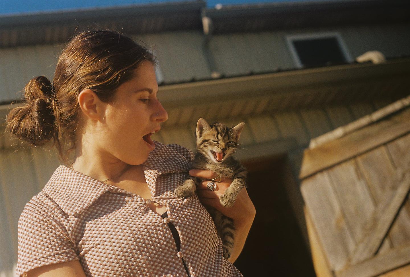 A woman holds a kitten that is yawning or meowing with its mouth open.