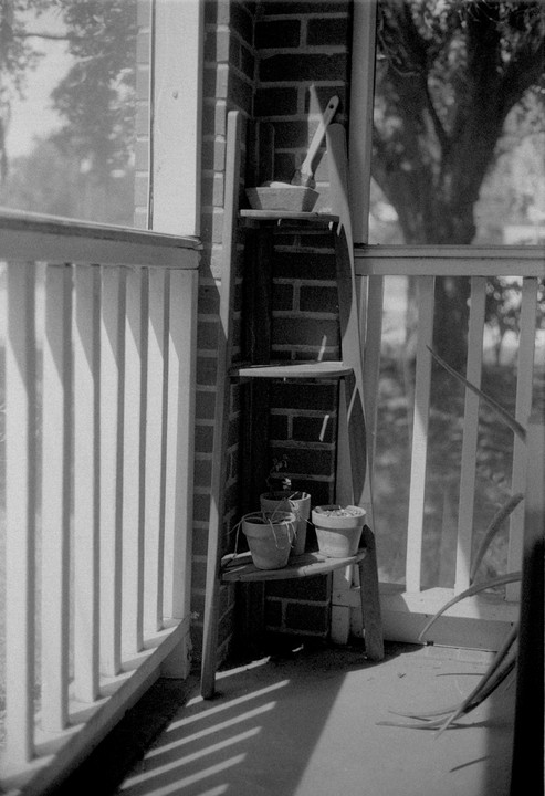 A wooden shelf with potted plants and a paintbrush sits on a porch next to a brick wall and railing.