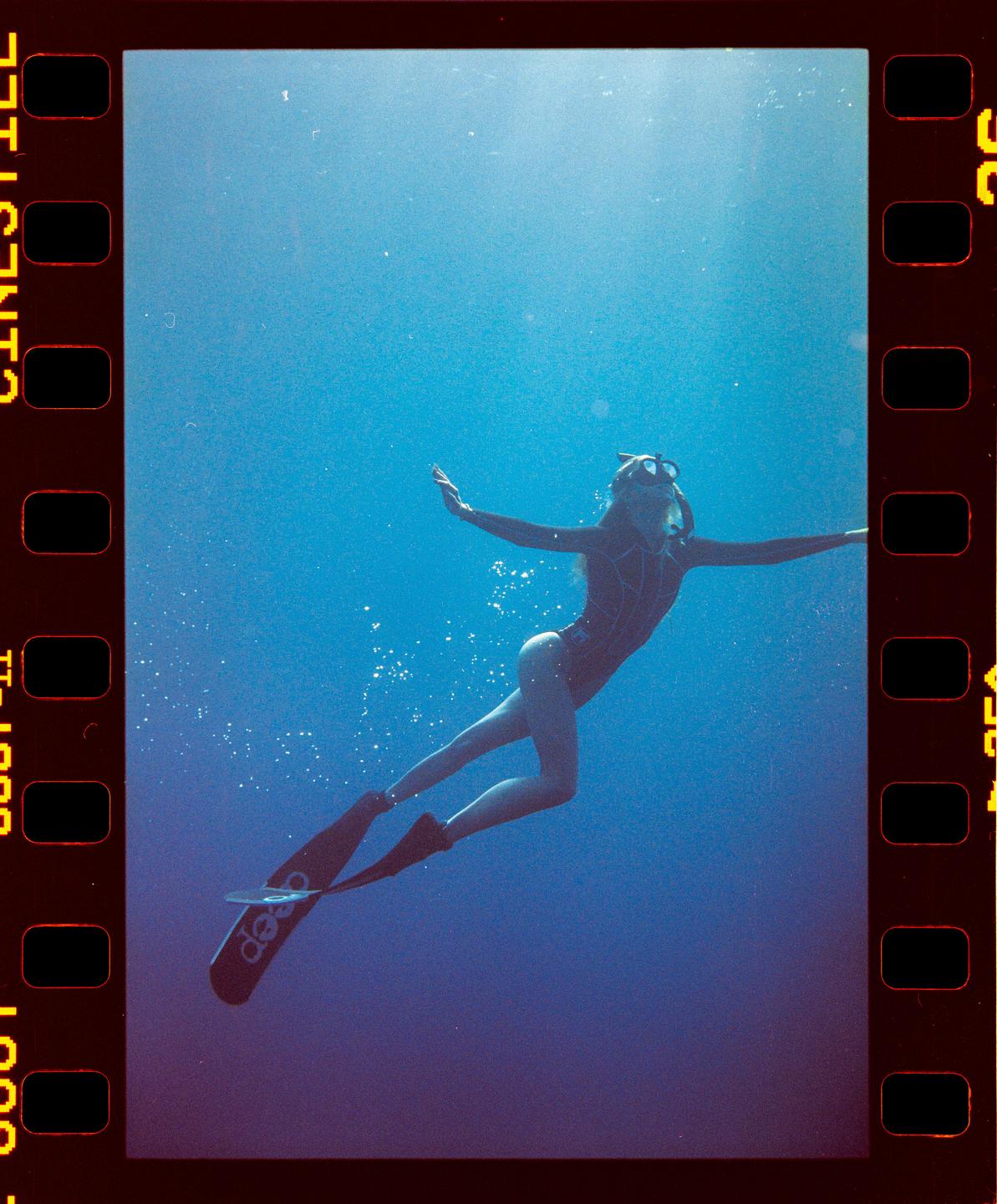 A woman in a wetsuit and flippers swims underwater with her arms outstretched.