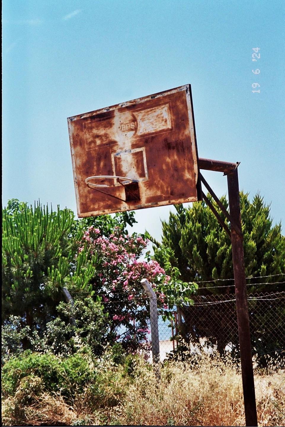 A rusty basketball hoop stands against a clear blue sky, surrounded by green trees and flowering bushes.