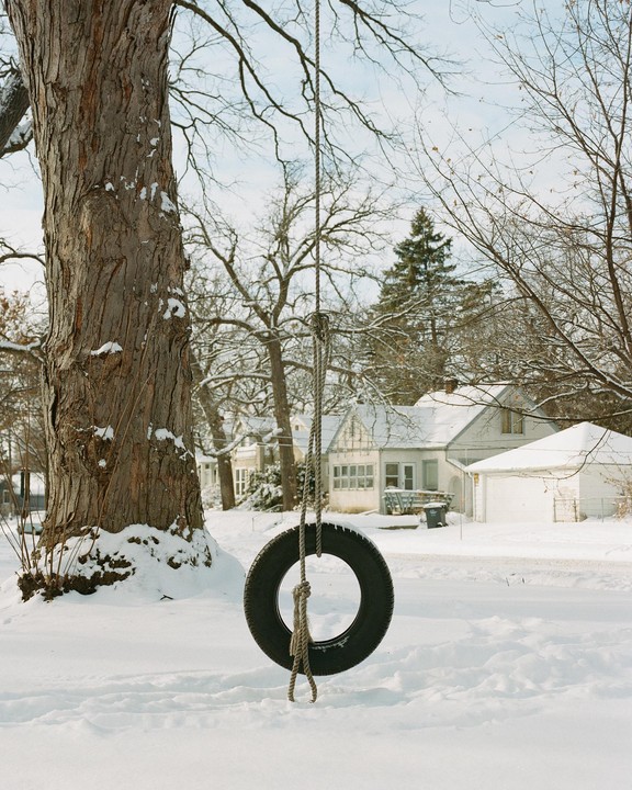 A tire swing hangs from a large tree in a snow-covered yard with houses in the background.