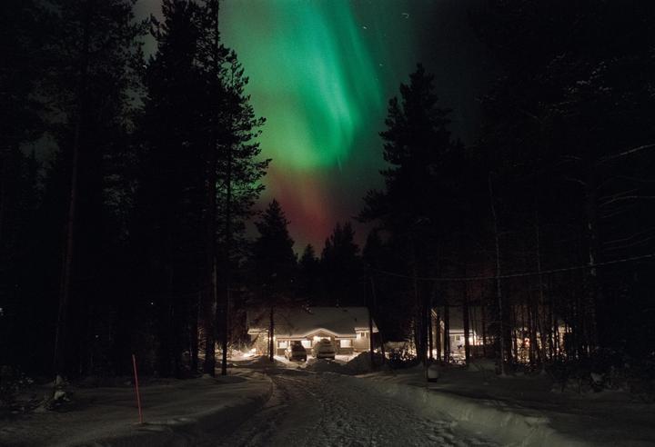 A snow-covered road leads to a house nestled among trees under a vibrant aurora borealis.