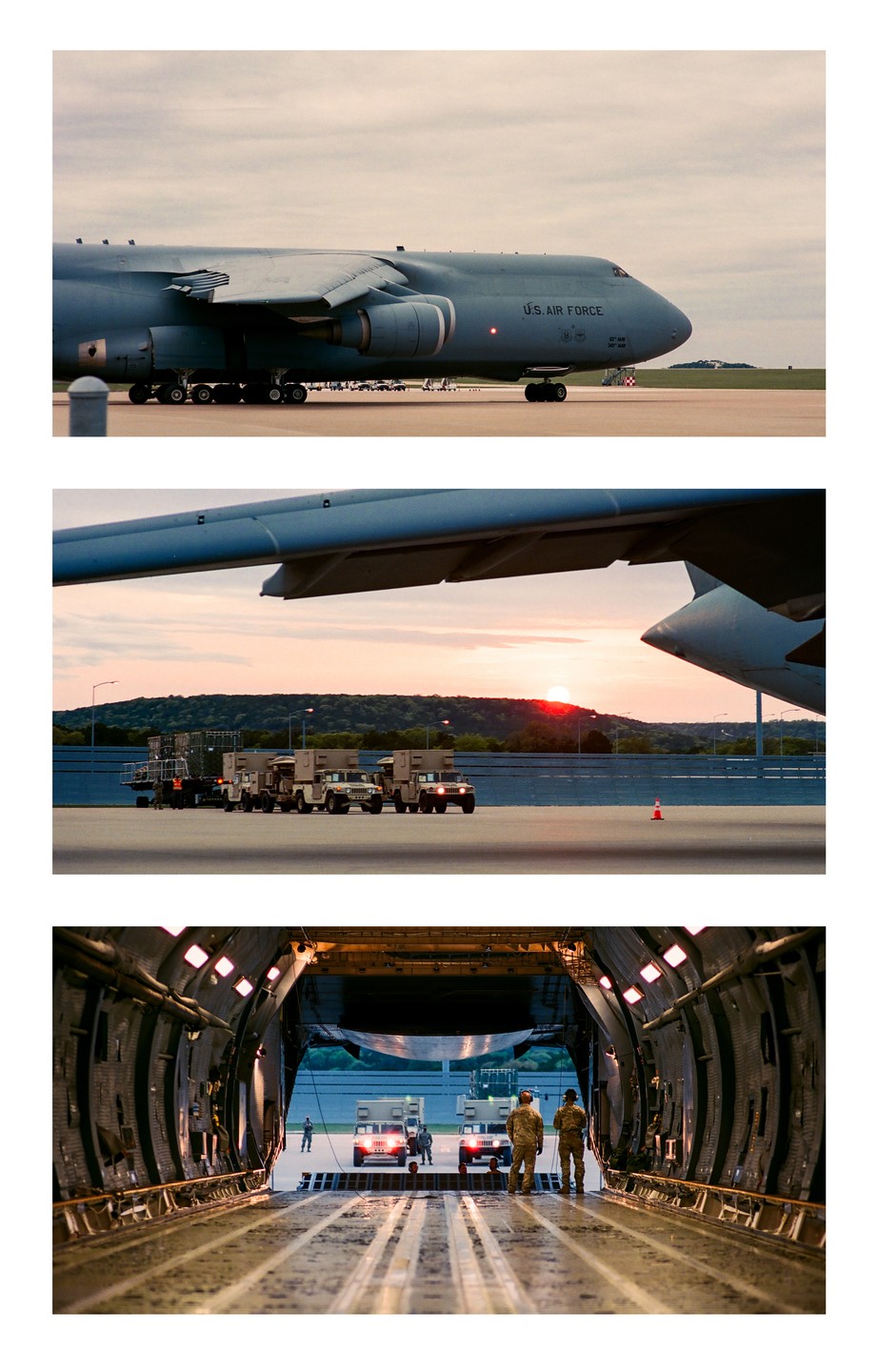 A large military transport aircraft is shown in three different views, including its exterior on a runway at sunset and its interior being loaded with vehicles.