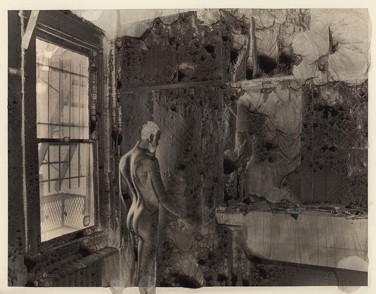 A nude man stands in a room with a window and textured walls, with a distorted figure visible on the right.