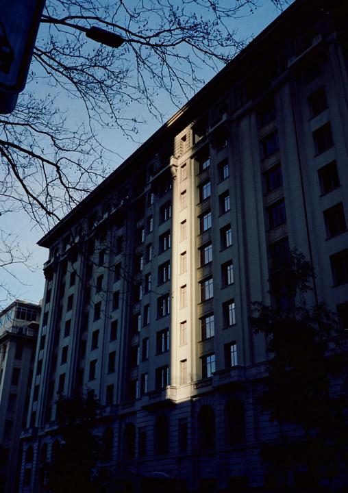 A tall building with many windows is partially illuminated by a vertical strip of sunlight, with bare tree branches in the foreground.