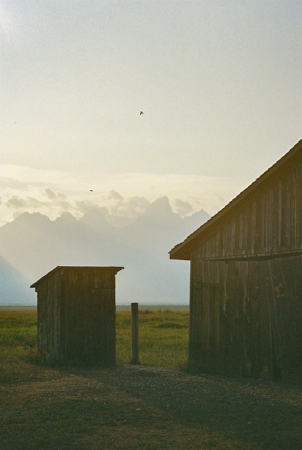 Two wooden structures stand in a field with mountains in the hazy distance under a pale sky.