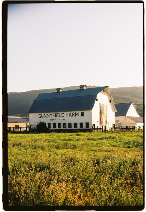 A white barn with a dark roof and an American flag hanging from it stands in a green field with mountains in the background.
