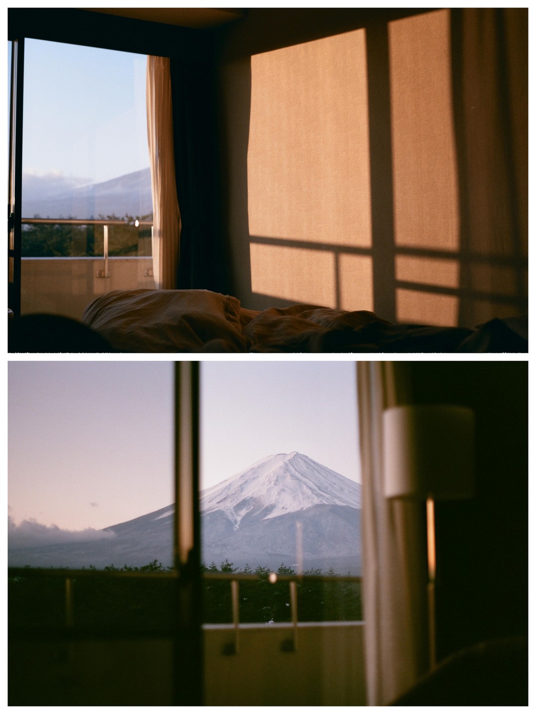 A two-panel image shows a bedroom with sunlight casting shadows on a wall and a view of a snow-capped mountain from a window.