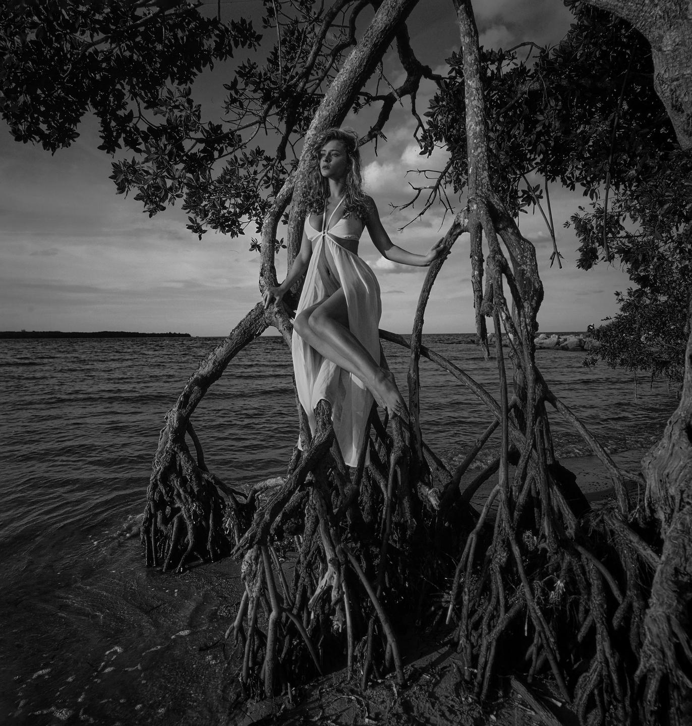 A woman in a dress sits among the roots of a tree at the edge of the water.