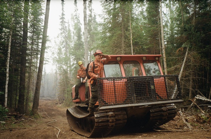 Two men in work uniforms are on a large red tracked vehicle in a forest.