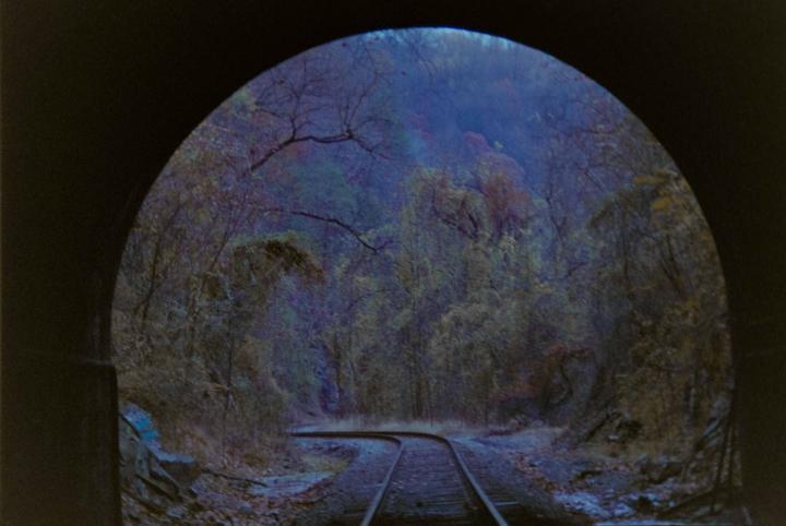 A view from inside a dark tunnel shows a curved railroad track leading into a forest with bare trees.