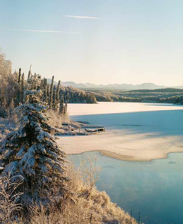 A snow-covered forest and frozen lake are illuminated by golden light under a clear sky.