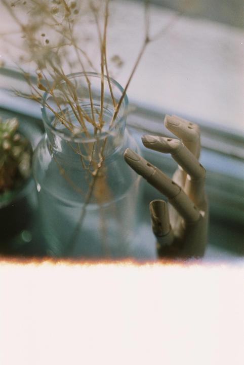A glass vase with dried plants and a wooden mannequin hand are on a window sill.