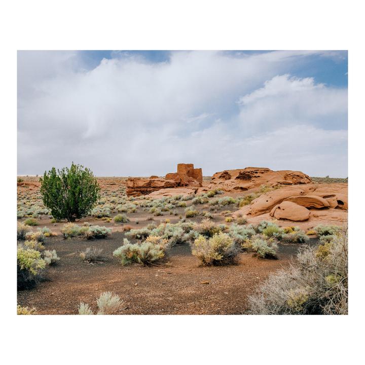A desert landscape features a green tree, red rock formations, and a stone ruin under a cloudy sky.