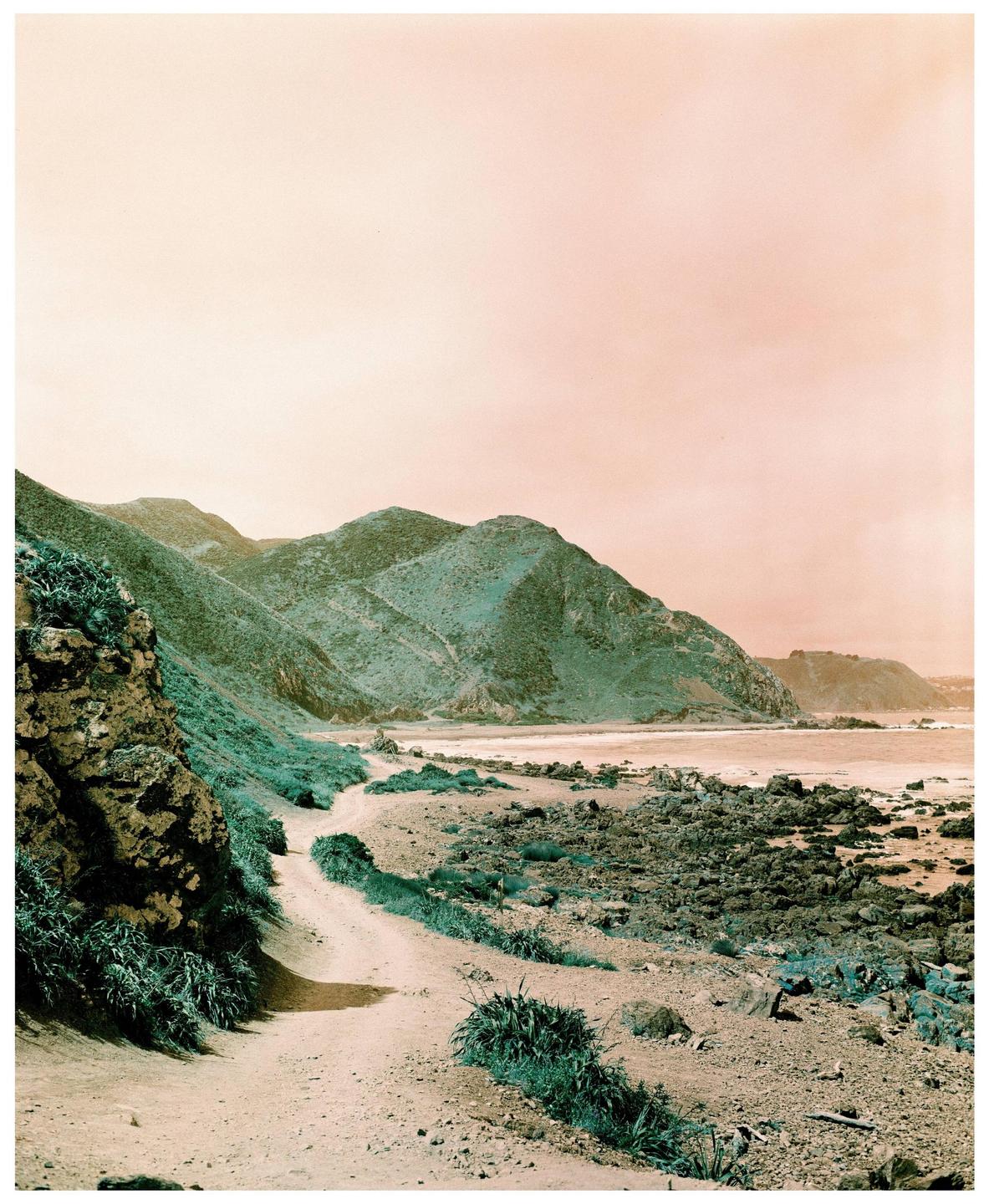 A dirt path winds along a rocky coastline with green hills under a pink sky.