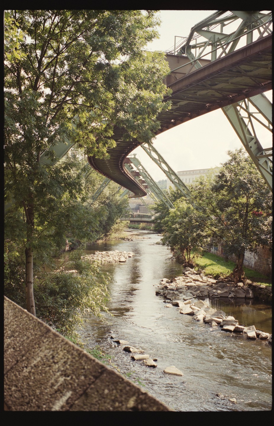 A river flows under a curved elevated train track with trees on both banks.