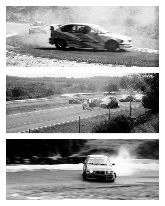 Three black and white images show cars drifting on a track, with one image showing people and parked cars on the side of the track.