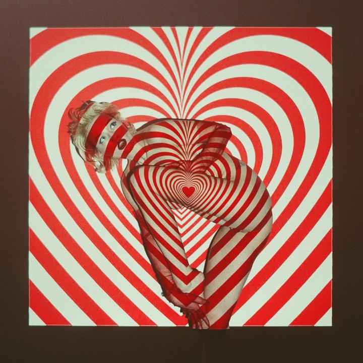 A woman is depicted with red and white heart-shaped stripes covering her body and the background.