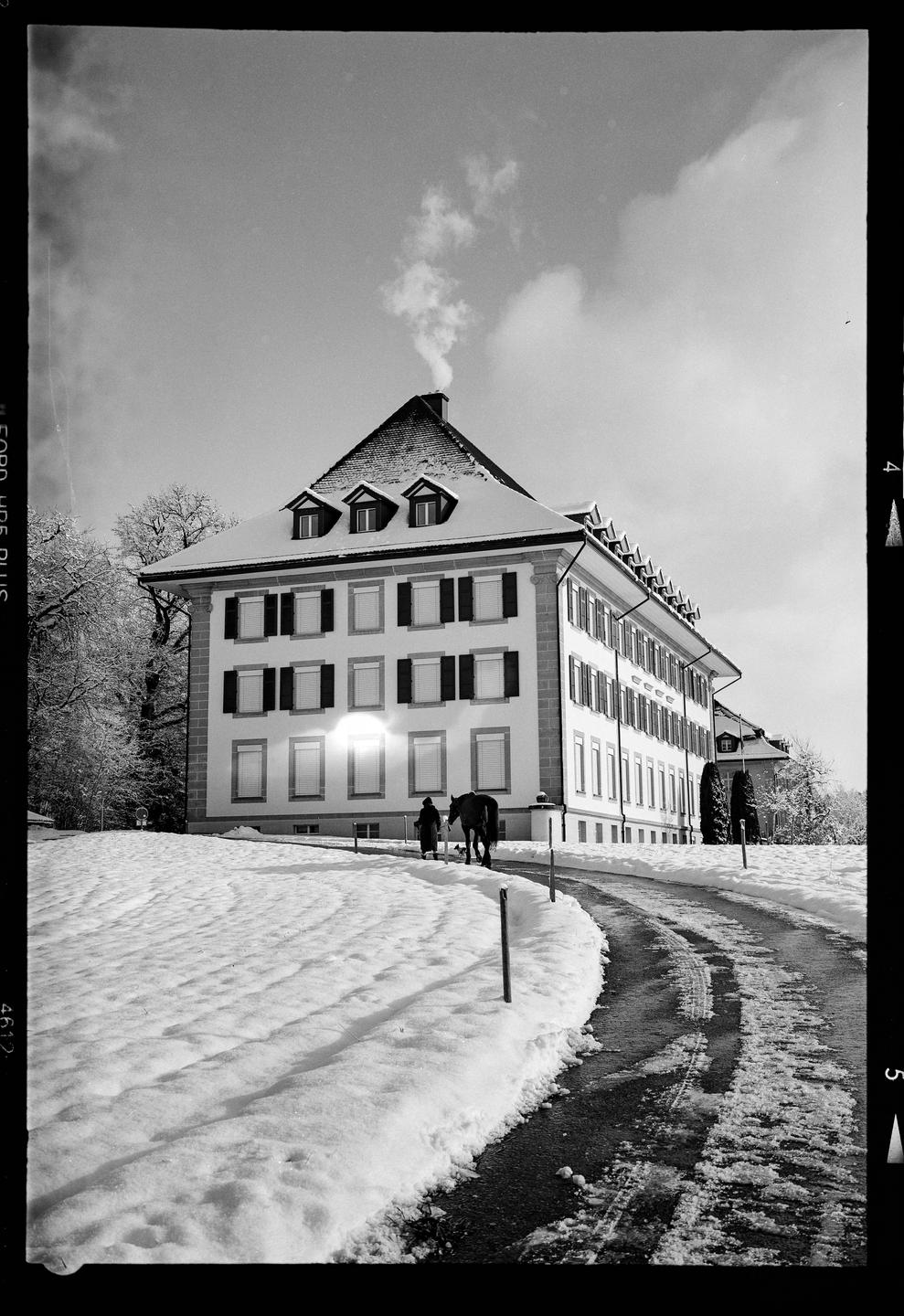 A person leads a horse along a snowy path past a large building with smoke rising from its chimney.