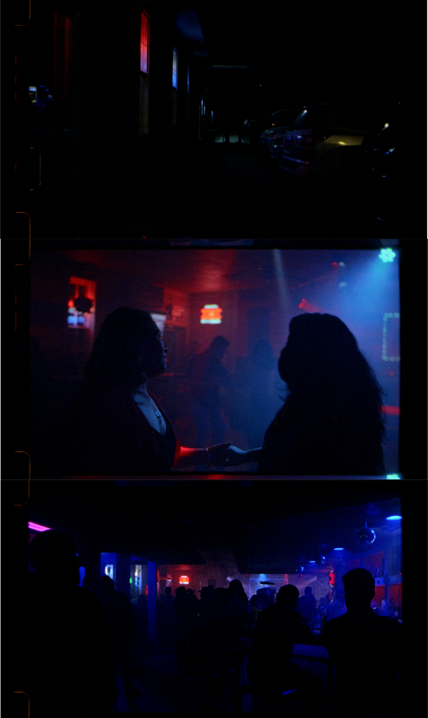 Three frames show a dark street with cars, two women holding hands in a club, and a crowd of people in a club.