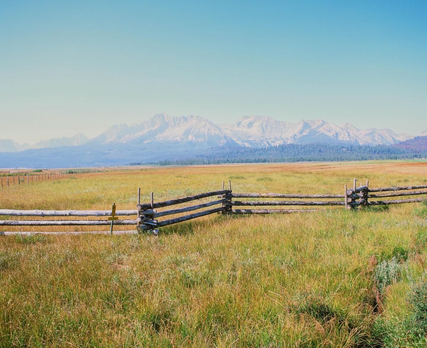 A wooden fence crosses a grassy field with mountains and a forest in the distance under a clear sky.