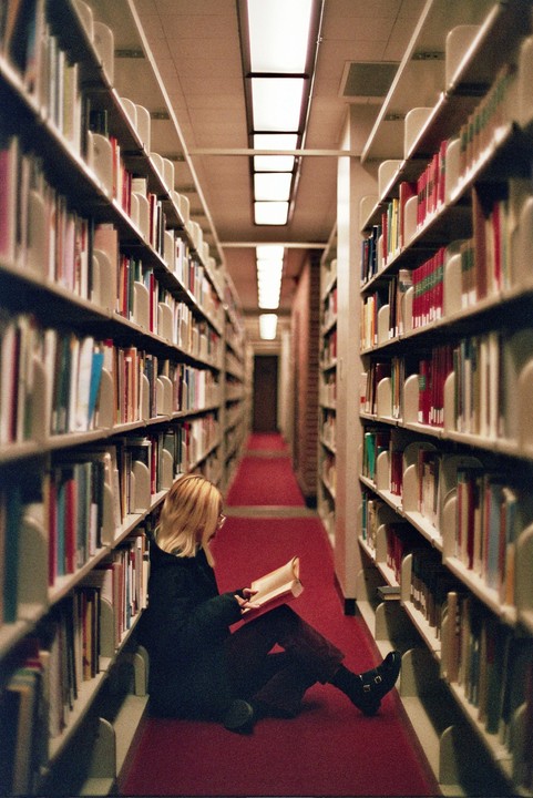A woman sits on a red carpeted floor between two tall bookshelves and reads a book.