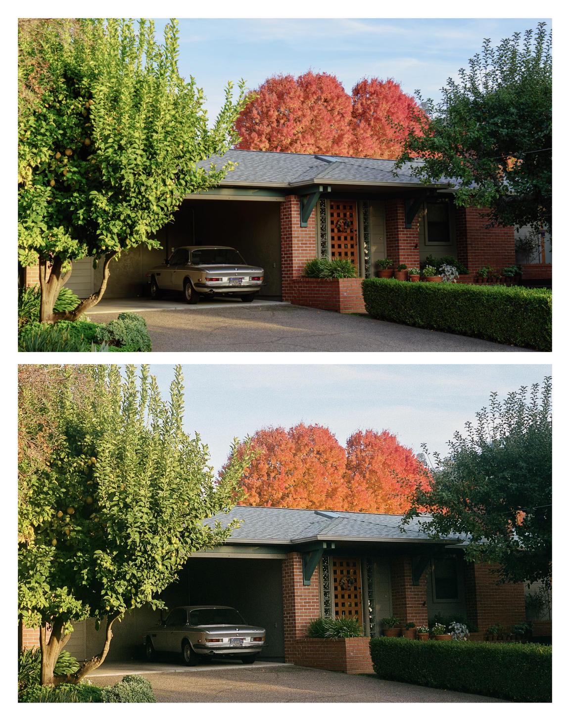 A house with a car parked in the carport is shown with vibrant autumn trees in the background.