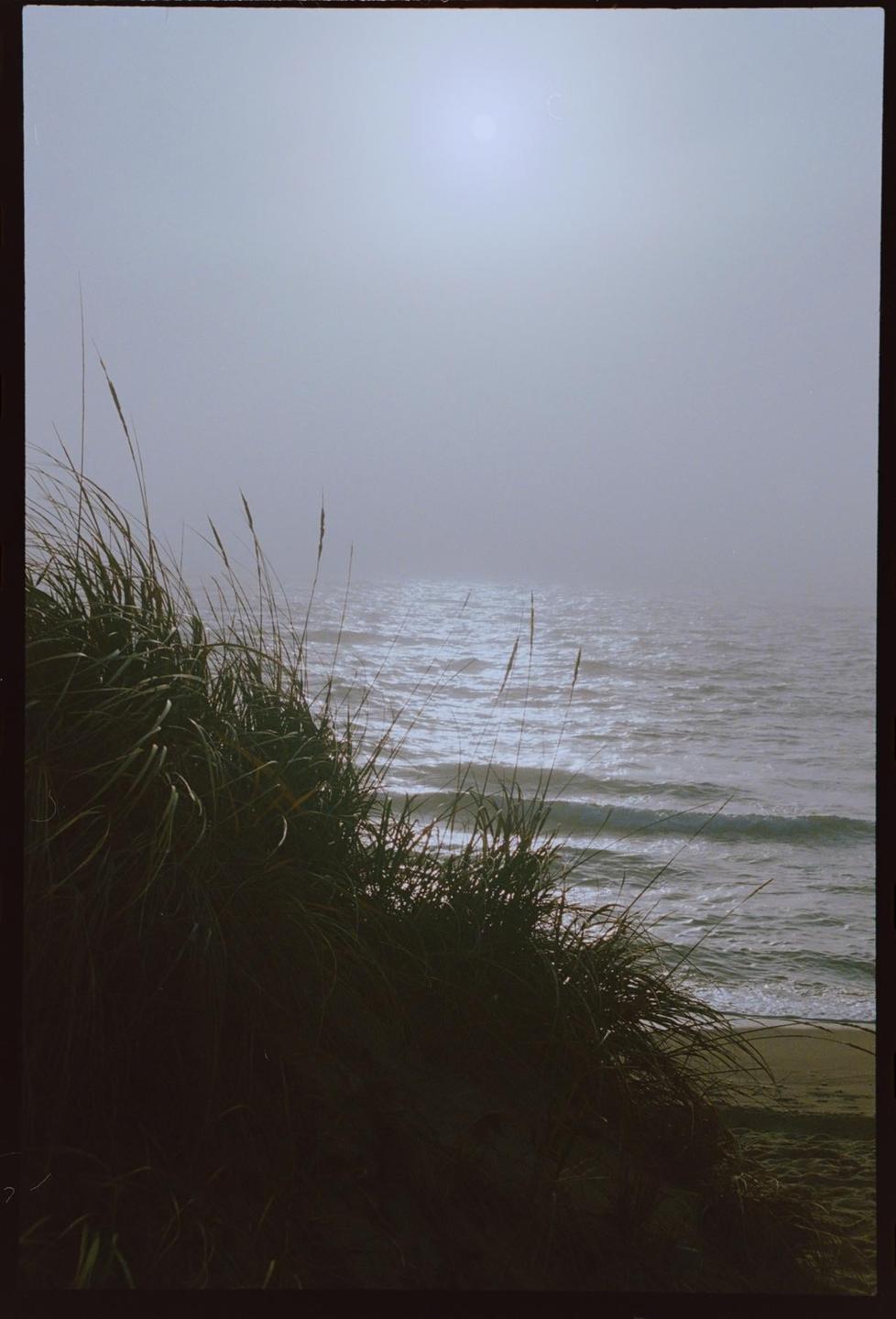 A hazy ocean with waves is visible behind a dune covered in tall grass.