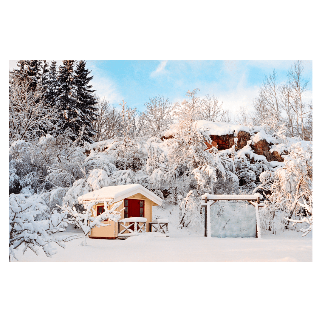 A small yellow cabin with a red door sits in a snow-covered landscape with trees and rocks in the background.