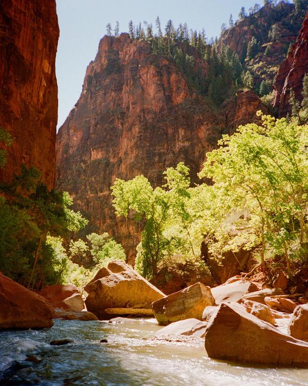A river flows through a canyon with large rock formations and green trees.