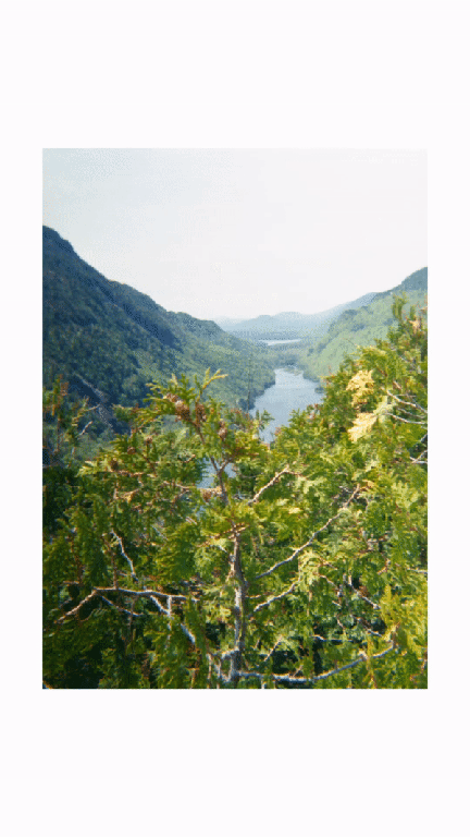 A river winds through a valley surrounded by mountains, with green foliage in the foreground.