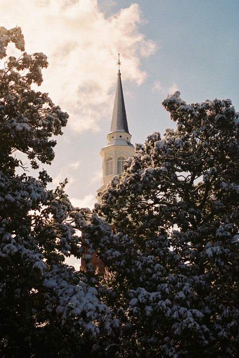 A church steeple rises above snow-covered trees against a cloudy sky.