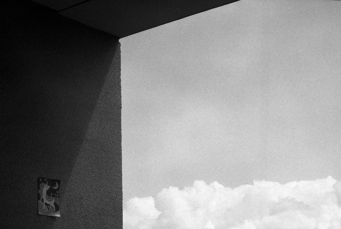 A unicorn sticker is visible on a textured wall next to a bright sky with clouds.