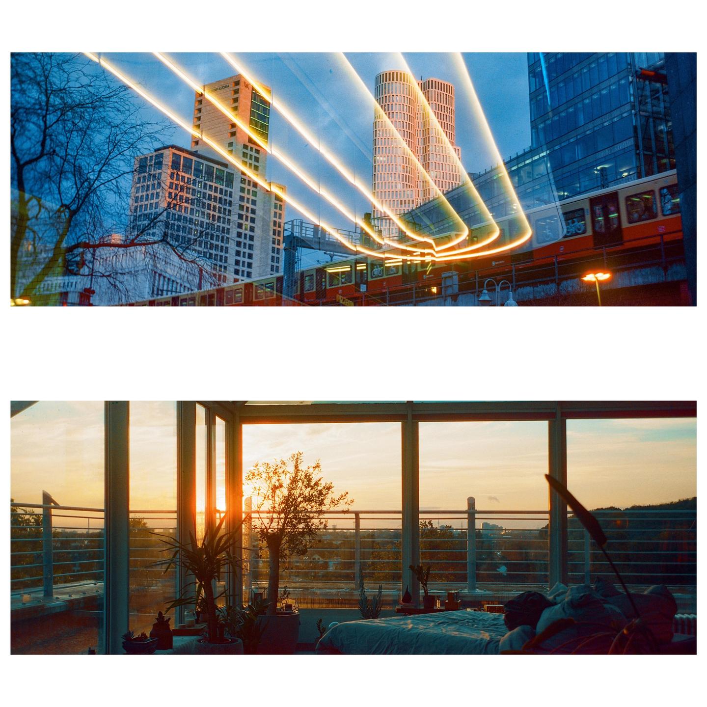 A double exposure shows a train and buildings with light trails, and a bedroom with a sunset view.
