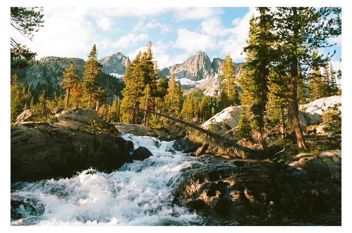 A river flows over rocks through a forest with mountains in the background.