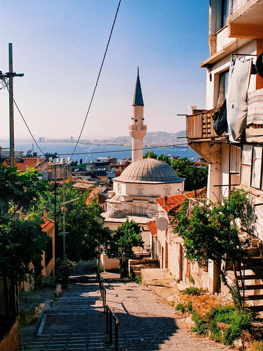 A mosque with a tall minaret and dome stands among buildings on a hillside overlooking a body of water.